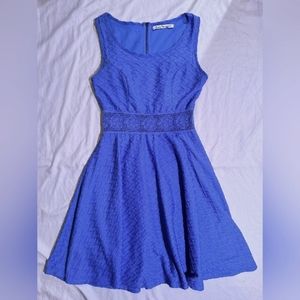 Bare Shoulder Fit and Flare Blue Woven Dress with Wait Detail
